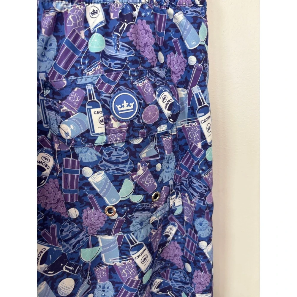 Peter Millar Seaside Mens Purple Cocktail Print Swim Trunks Shorts Large